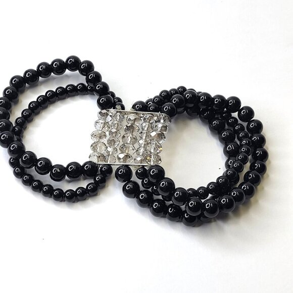 Black Faux Pearl Stretch Bracelet 5 Strand Wide Faux Pearl Elastic Bracelet - Picture 3 of 9